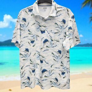 Izod Saltwater Polo Shirt Mens XL Fish Blue Marlin All Over Print  Beachwear